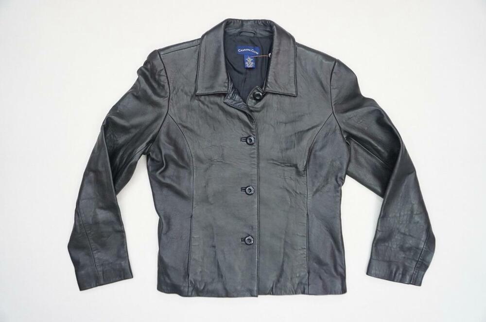 CHARTER CLUB WOMEN L USED BLACK SOFT LEATHER BUTTON UP BLAZER/JACKET